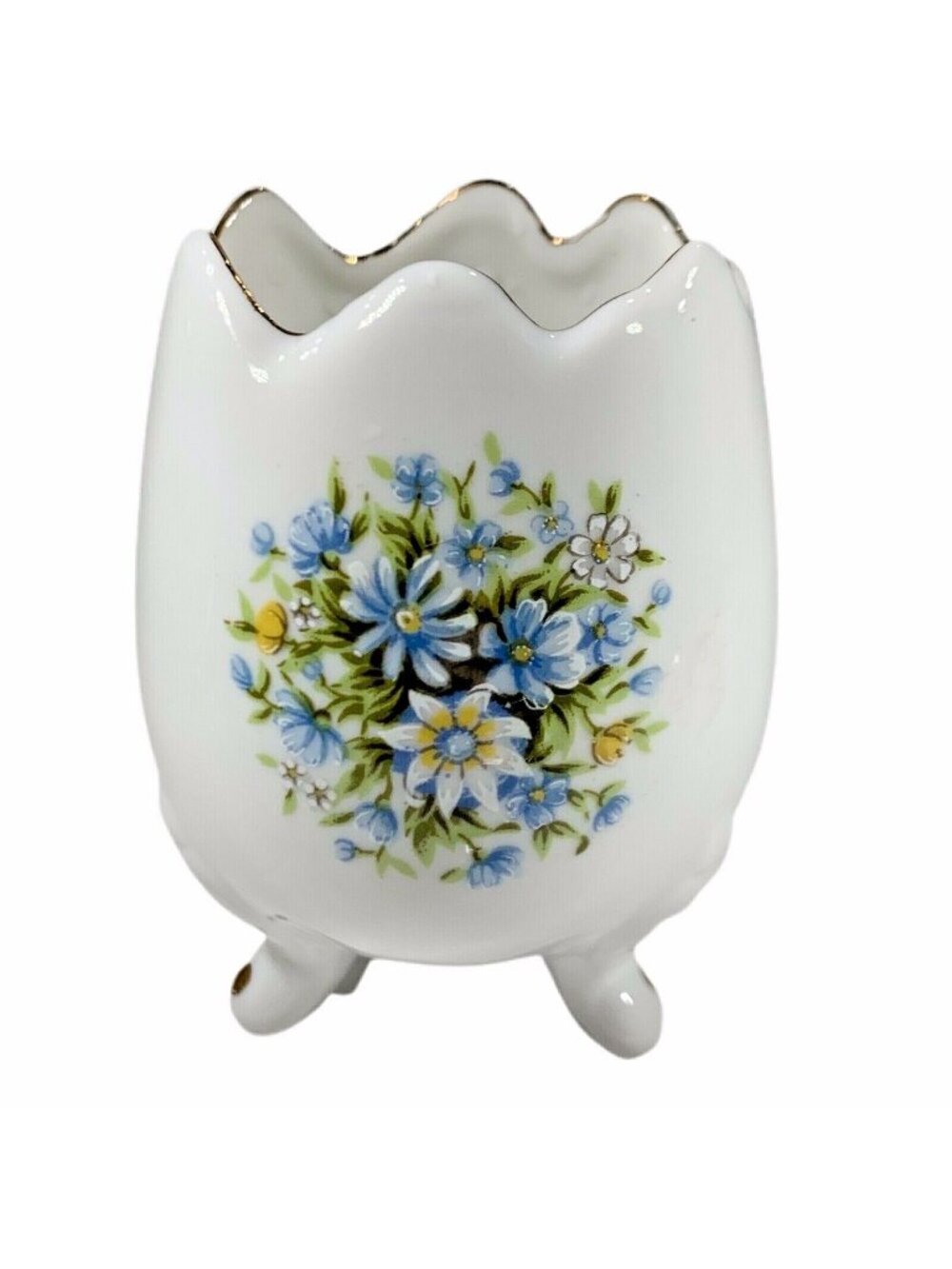 Vtg Cracked Egg Vase Footed Hand Painted Blue Floral Gold Trim Japan Ceramic